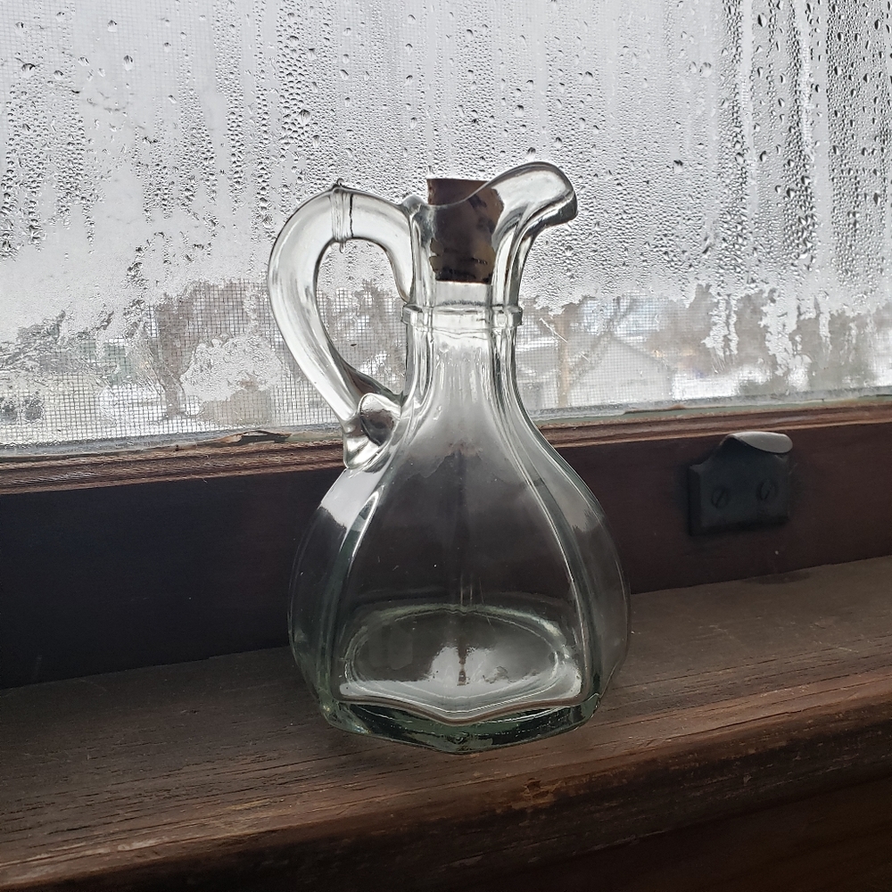 SOLD Clear Glass Spouted Bottle with Cork Stopper